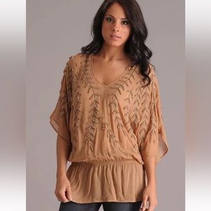 BOYOD Neiman Marcus *Catherine* tan beaded embellished blouse top XS NYE